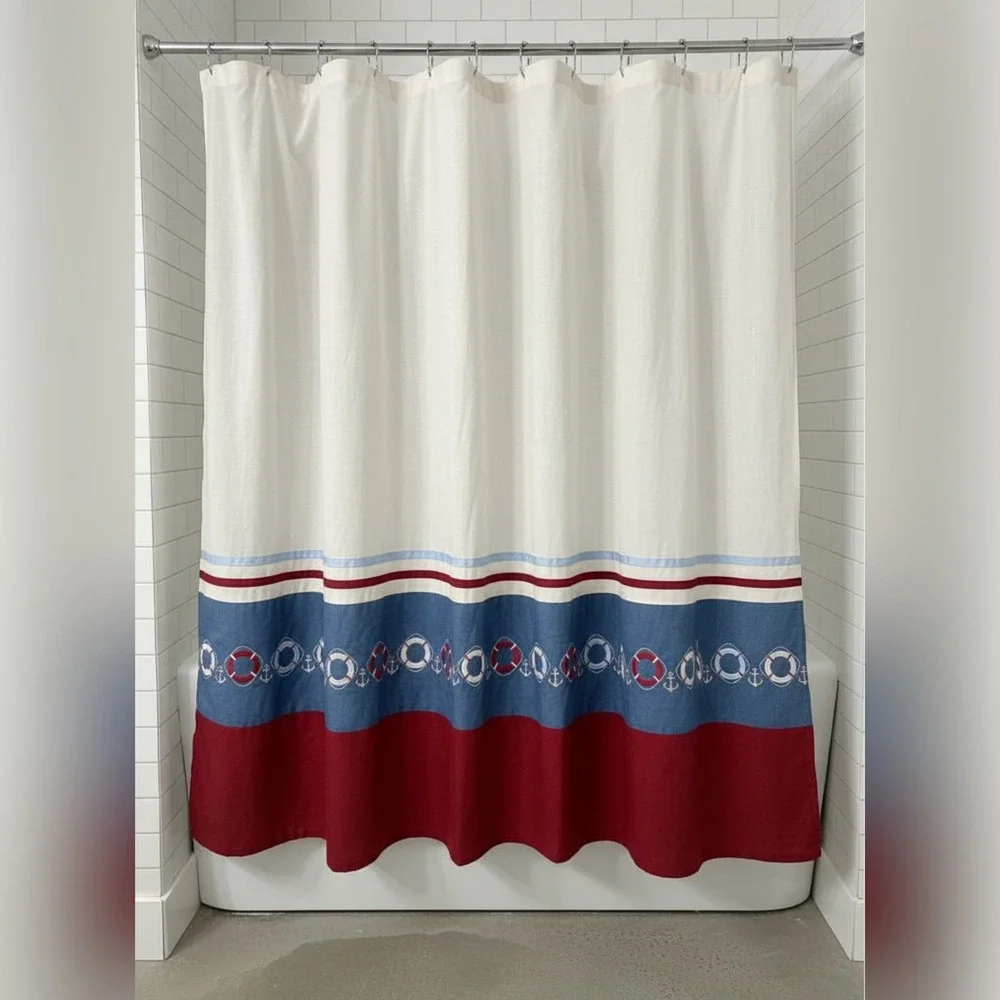 Nautical Anchor Life Preserver Shower Curtain Red Blue White Fabric‎ w/ 12 Hooks